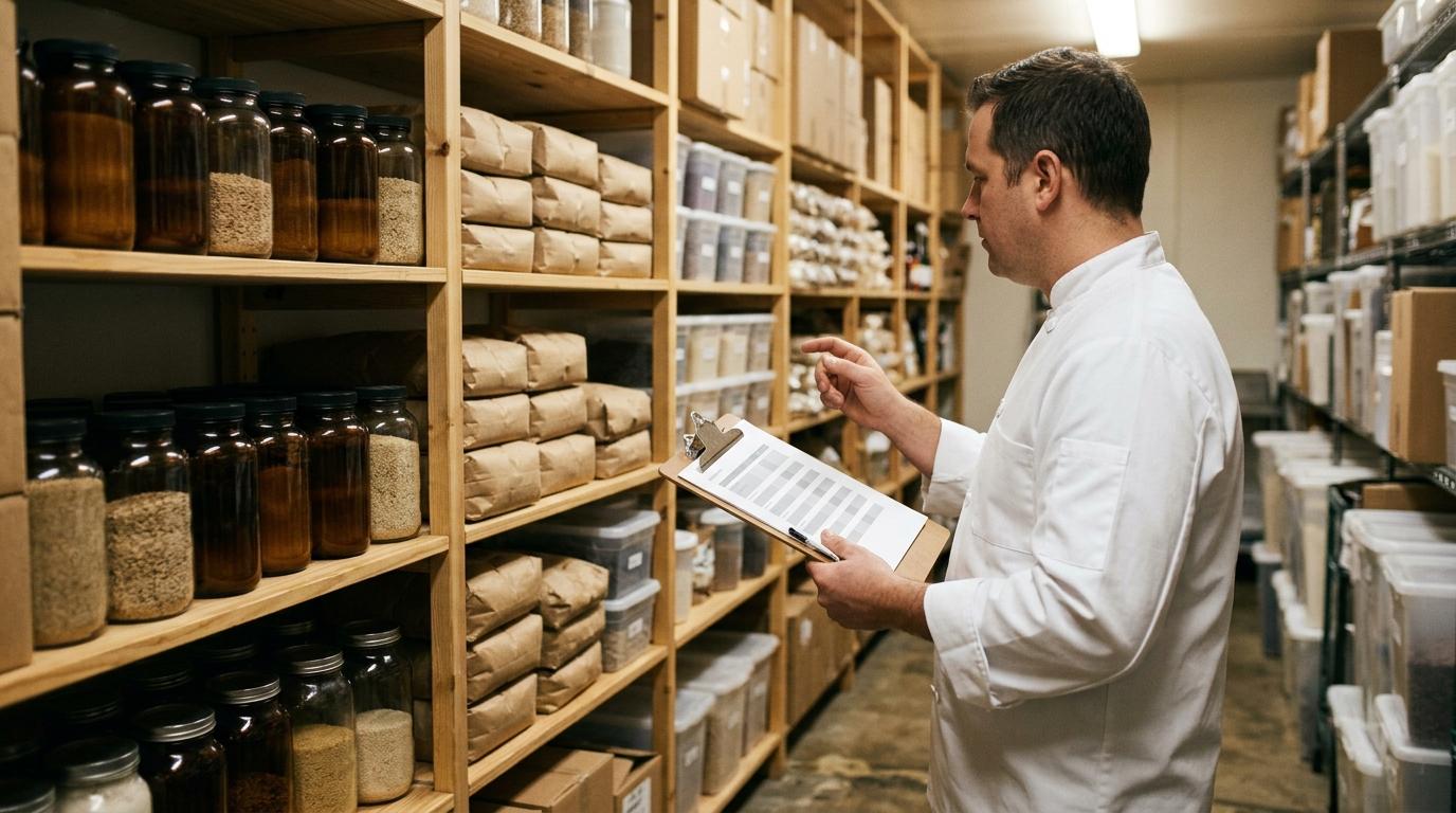 Ein Küchenchef mit Klemmbrett bei der Monatsinventur im Trockenlager eines Restaurants, Regale mit Gläsern und Säcken