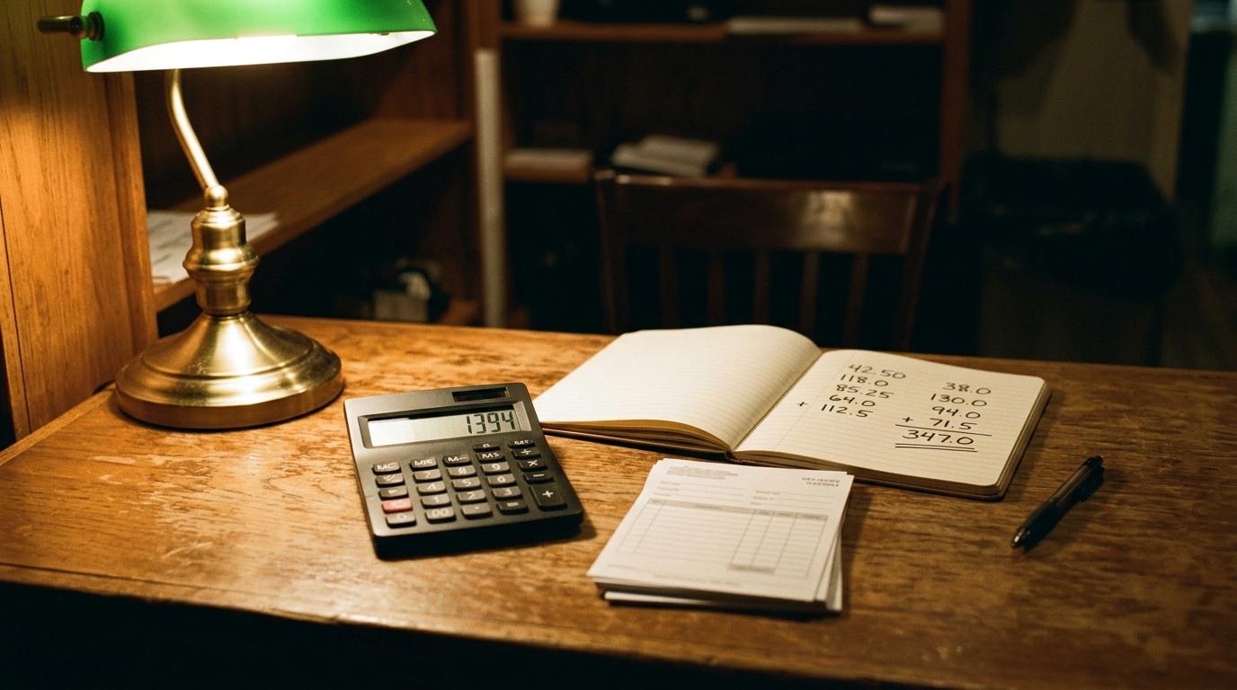 Schreibtisch beim Monatsabschluss: Taschenrechner, Lieferscheine und ein Notizbuch mit zwei handschriftlichen Zahlenkolonnen