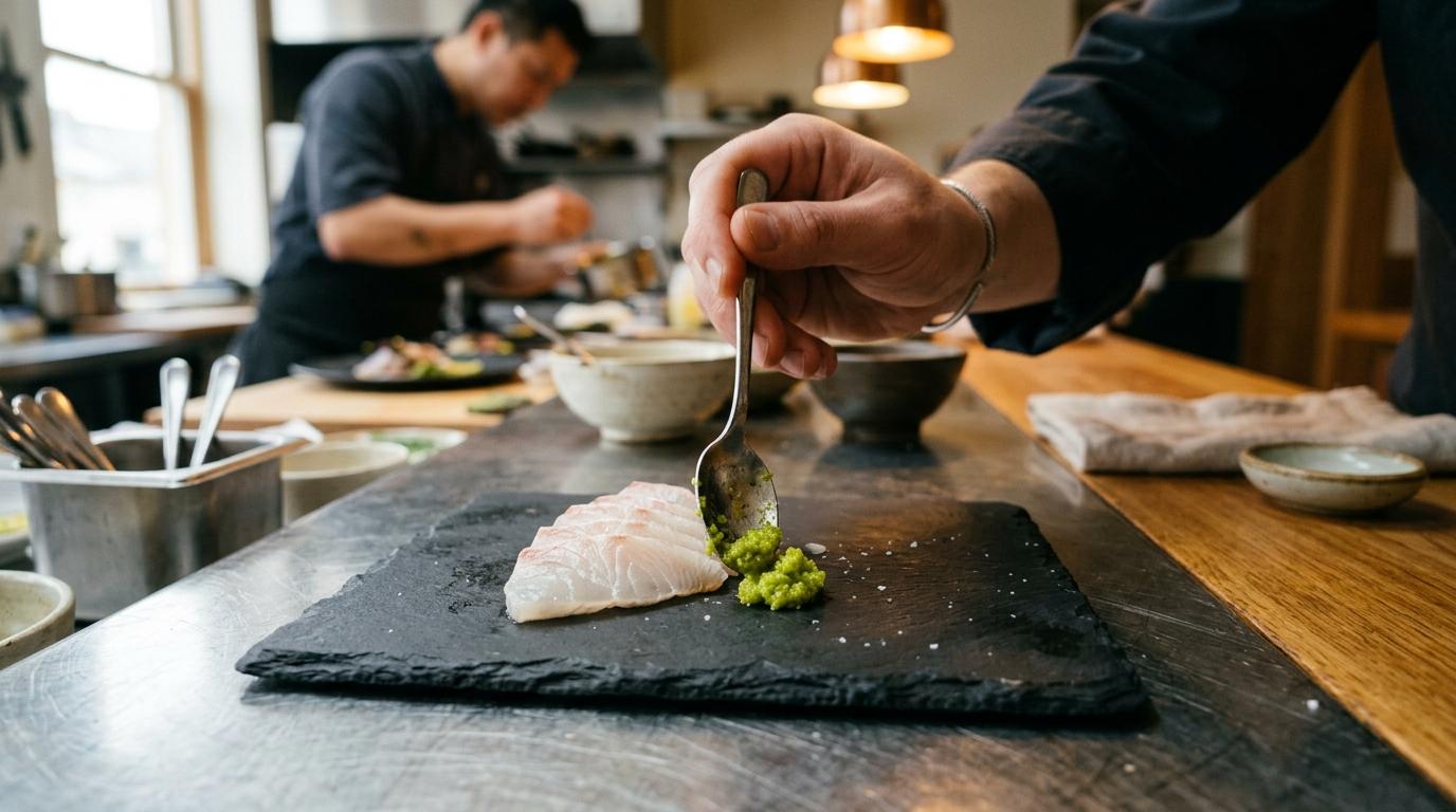 Una cucharilla deposita un punto de yuzu kosho verde junto a unos cortes de pescado crudo en un plato de pizarra, en el pase de una cocina profesional