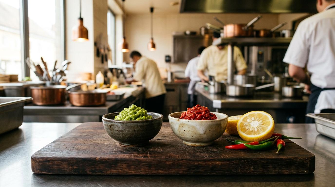 Dos cuencos de cerámica japonesa sobre una tabla de madera con pasta de yuzu kosho verde y roja, junto a media pieza de yuzu y unos chiles frescos