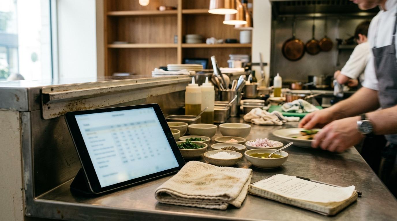 Tablet con una tabla de costes en el pase de una cocina profesional