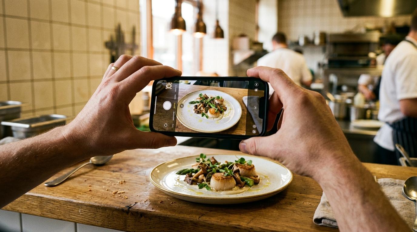 Un móvil fotografiando un plato emplatado en el pase para publicarlo