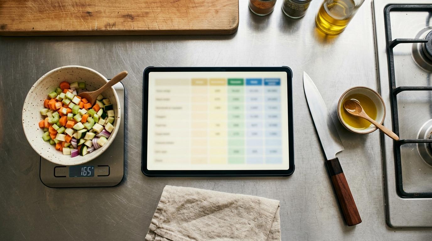 Tablet sobre la encimera mostrando una hoja de cálculo junto a una báscula