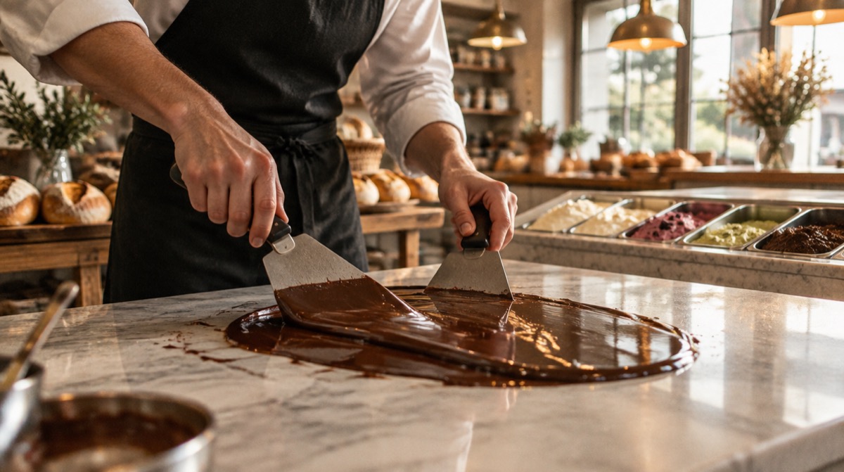 Mani di un pasticcere che tempera il cioccolato su marmo in laboratorio