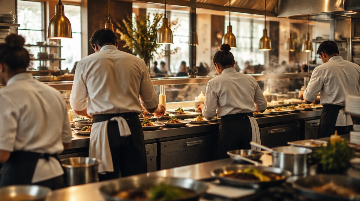 Brigade de cuisine professionnelle en train de dresser les assiettes au passe pendant le service