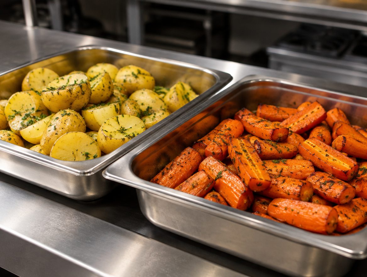 Kartoffeln und geröstetes Gemüse in zwei Stahlbehältern, portioniert, ohne Personen