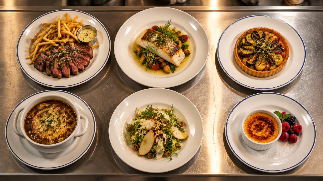Sept assiettes dressées sur le passe d'une cuisine professionnelle, sans personne dans le cadre