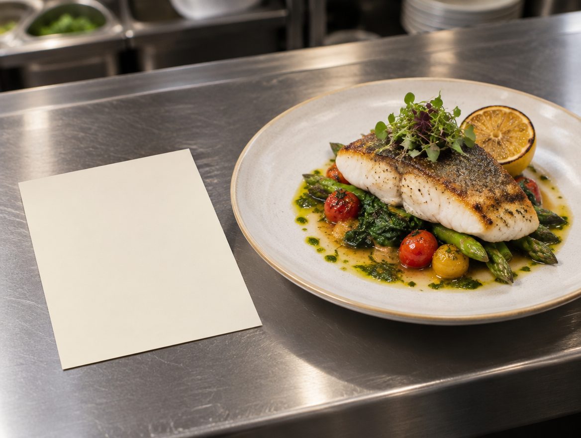 Une fiche recette vierge posée à côté d'un poisson dressé, sans main dans le cadre