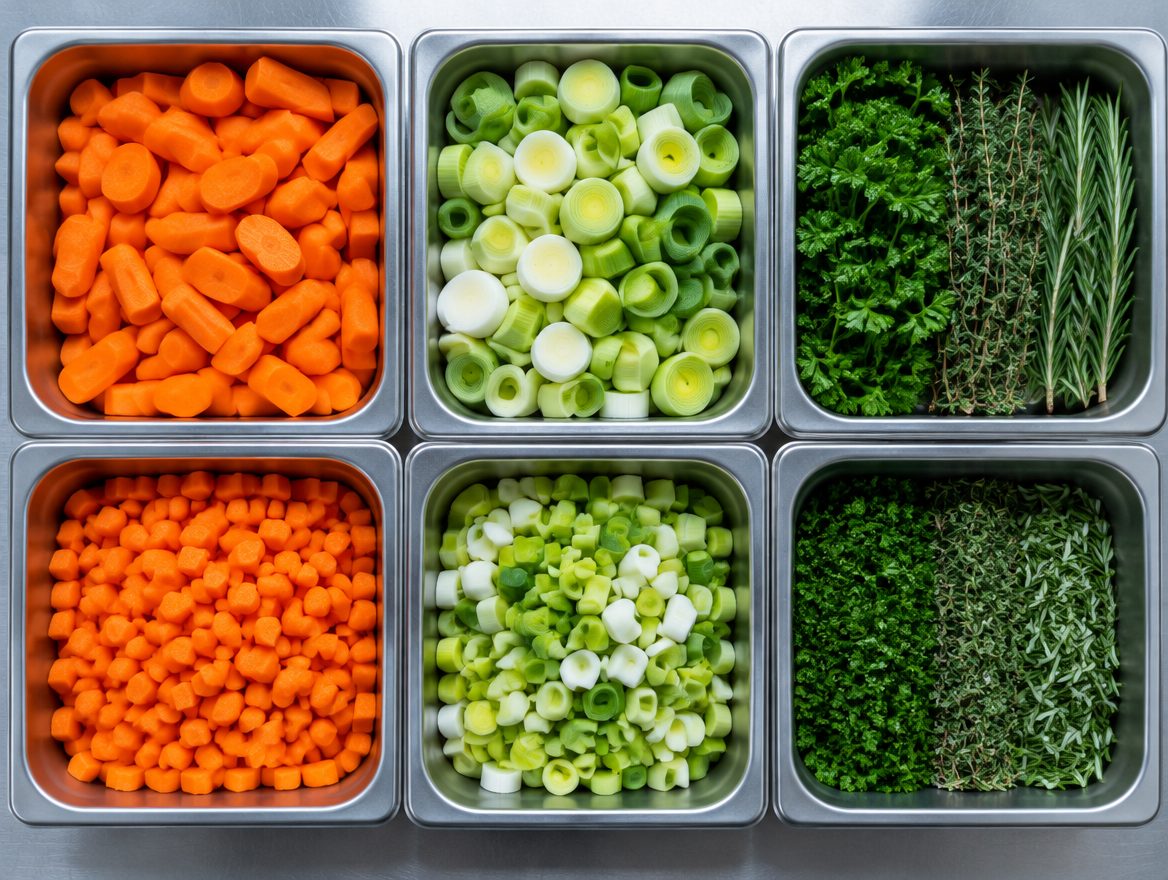 Légumes taillés dans des bacs inox, vue de dessus, sans personne