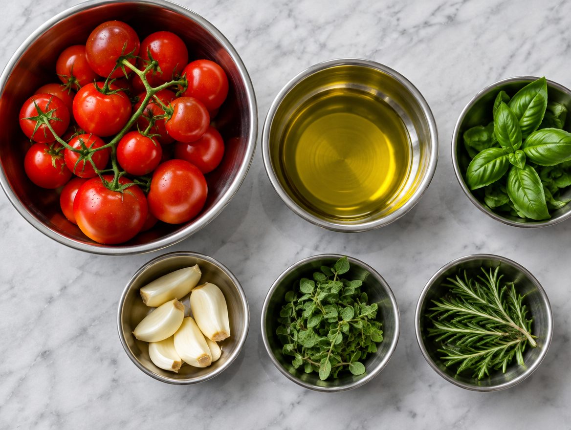 Pomodori, aglio, olio e erbe in ciotole di acciaio, visti dall'alto, senza persone