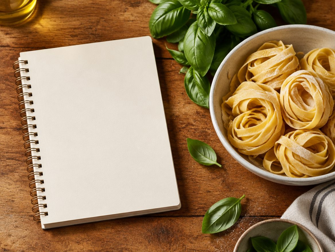 Un quaderno di cucina vuoto accanto a un piatto di pasta fresca, senza mani
