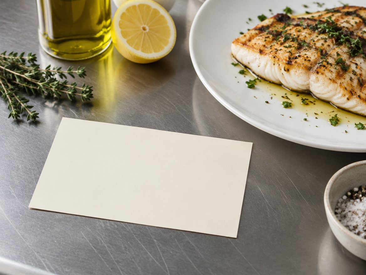 Uma ficha de receita em branco ao lado de um peixe grelhado, sem mãos na imagem