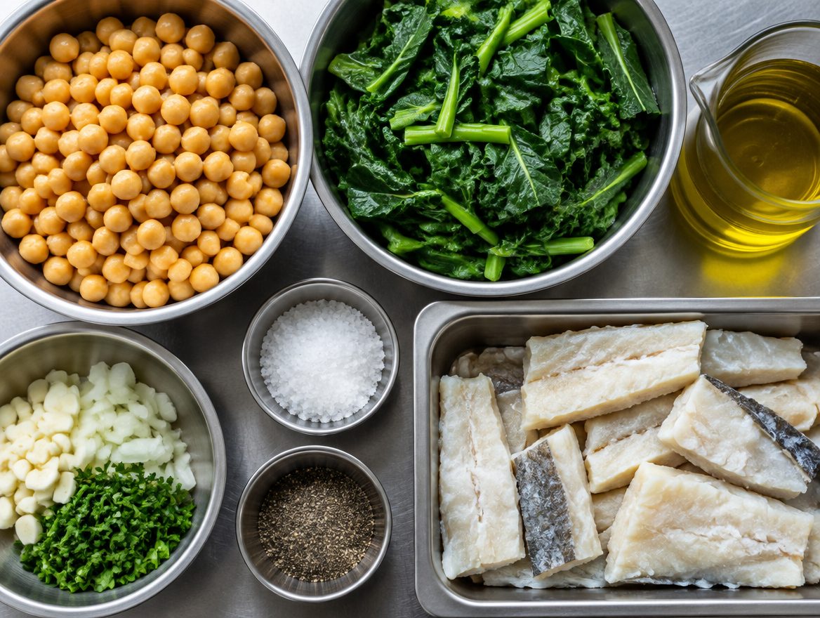 Grão, hortaliça, azeite e bacalhau em recipientes de aço, vistos de cima, sem pessoas