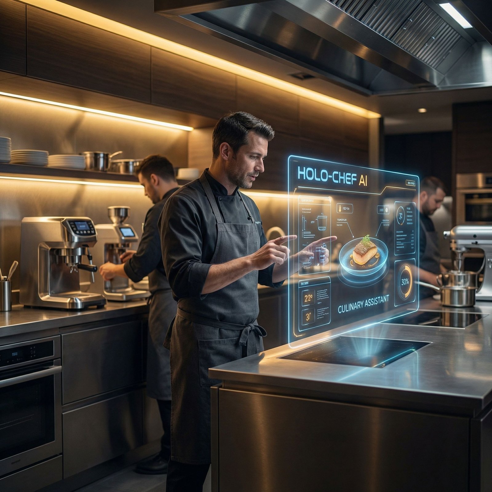Chef working with AI holographic interface