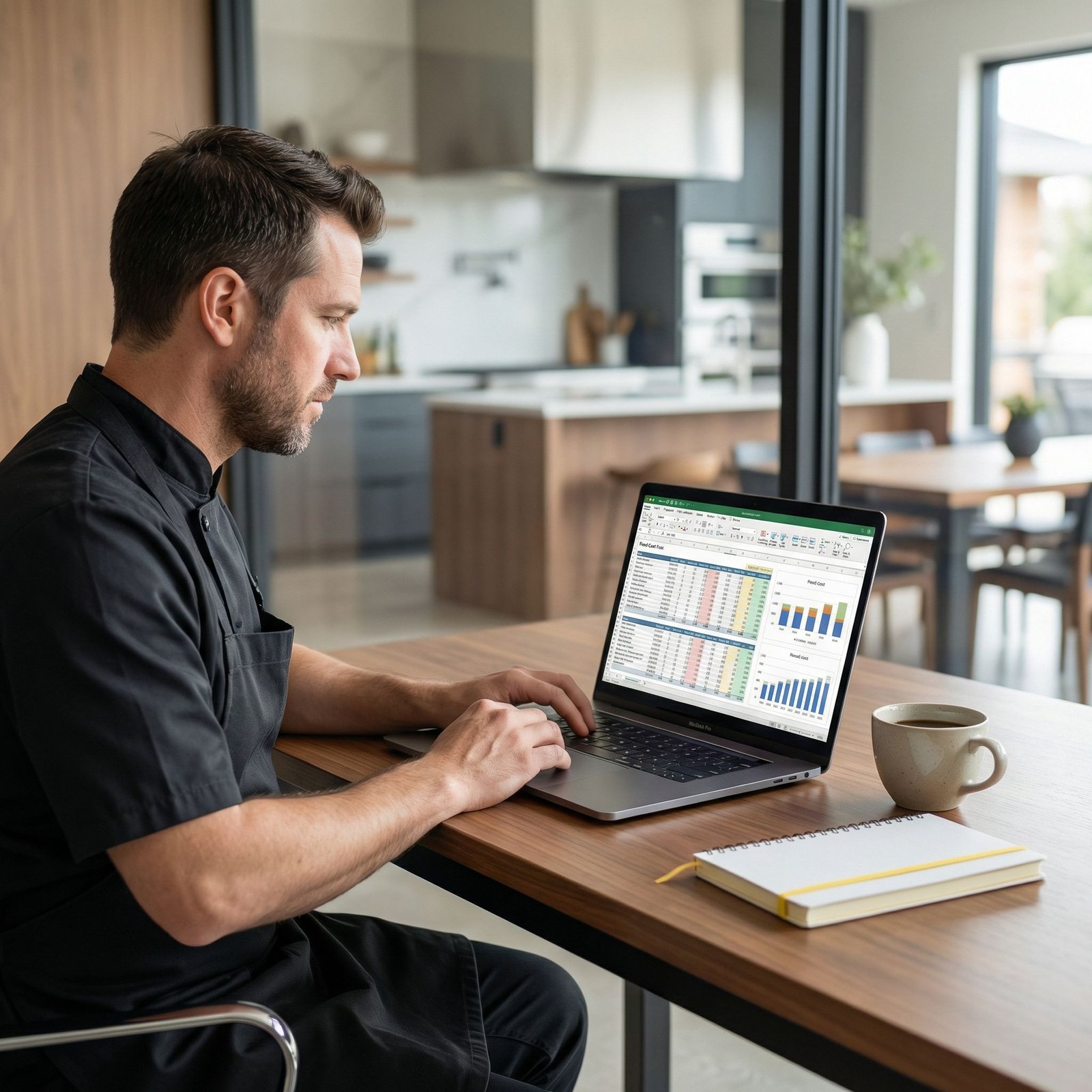 Professional chef reviewing food cost calculations on MacBook Pro