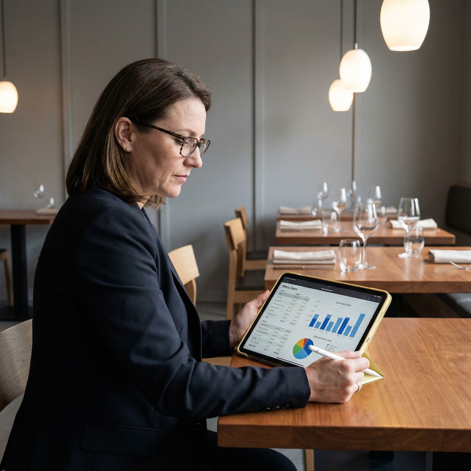 Restaurant manager analyzing menu engineering data on iPad Pro