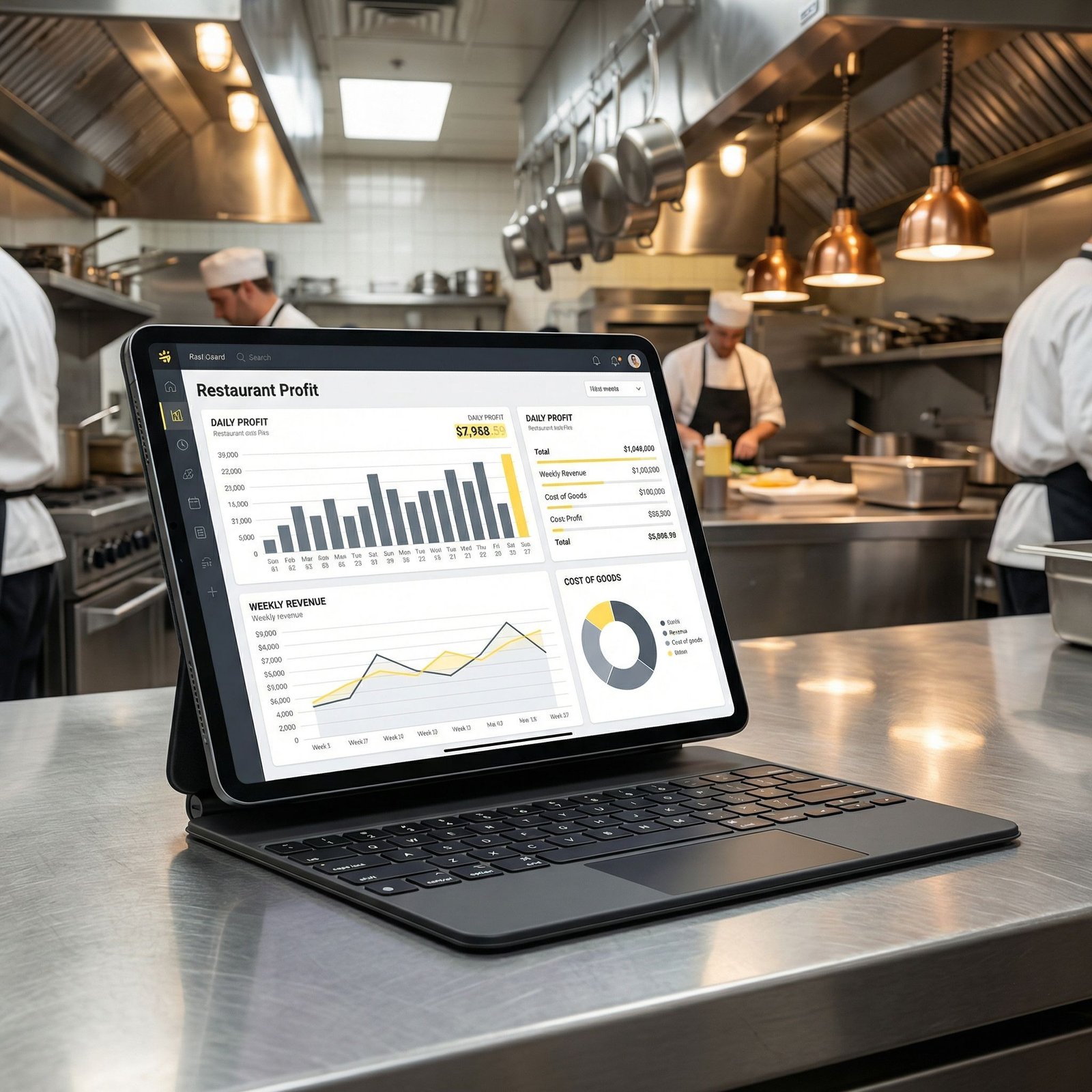 Tablet showing restaurant profit margin dashboard with analytics