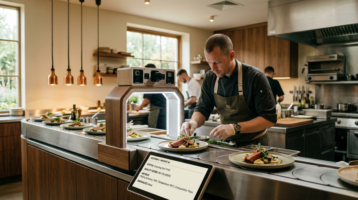 Camera-based AI quality inspection system scanning food on restaurant plating line