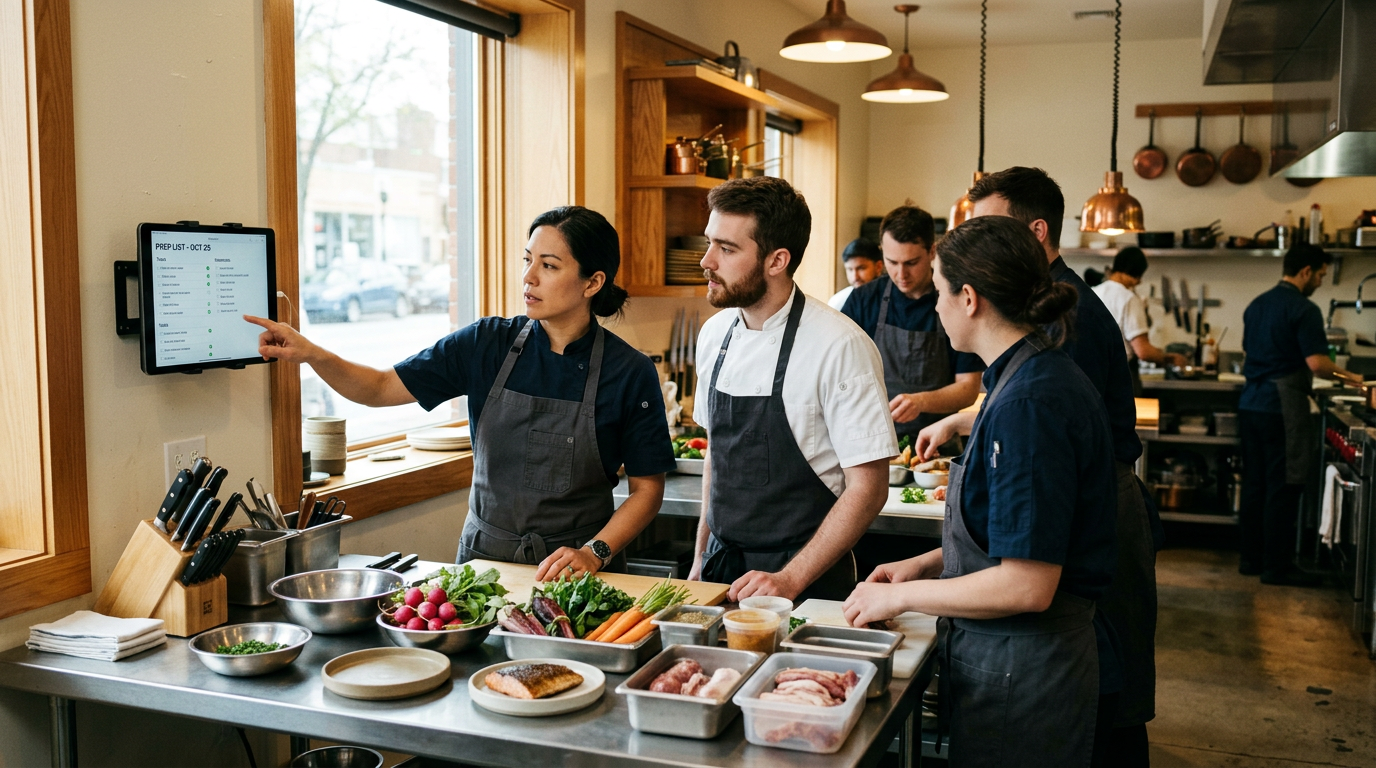Professional kitchen using AI-powered prep planning to reduce food waste