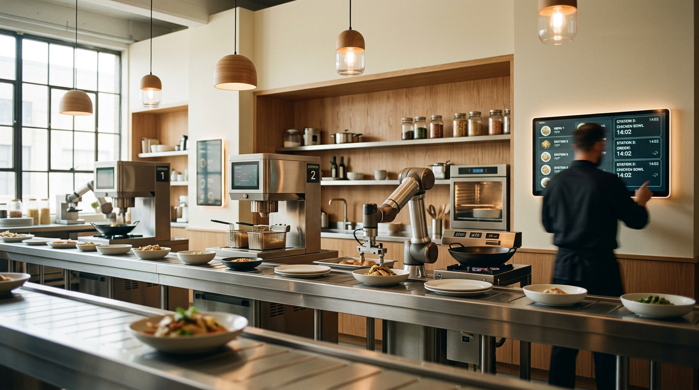 Automated commercial kitchen with robotic stations