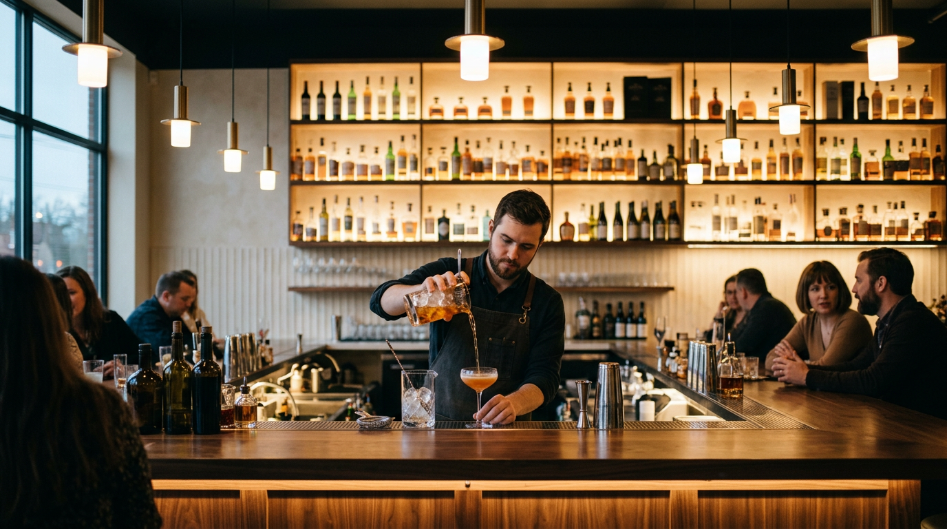 Modern cocktail bar with warm wood counter and professional bartender crafting drinks