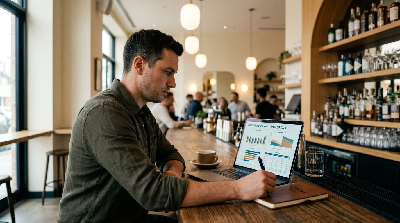 Bar manager reviewing beverage cost analytics and profit margin data on laptop