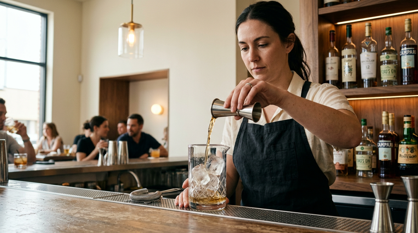 Bartender precisely measuring spirits with jigger for accurate pour cost control