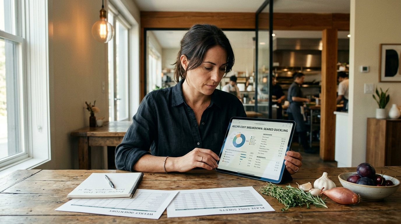 Restaurant manager reviewing recipe costing software on tablet with ingredients