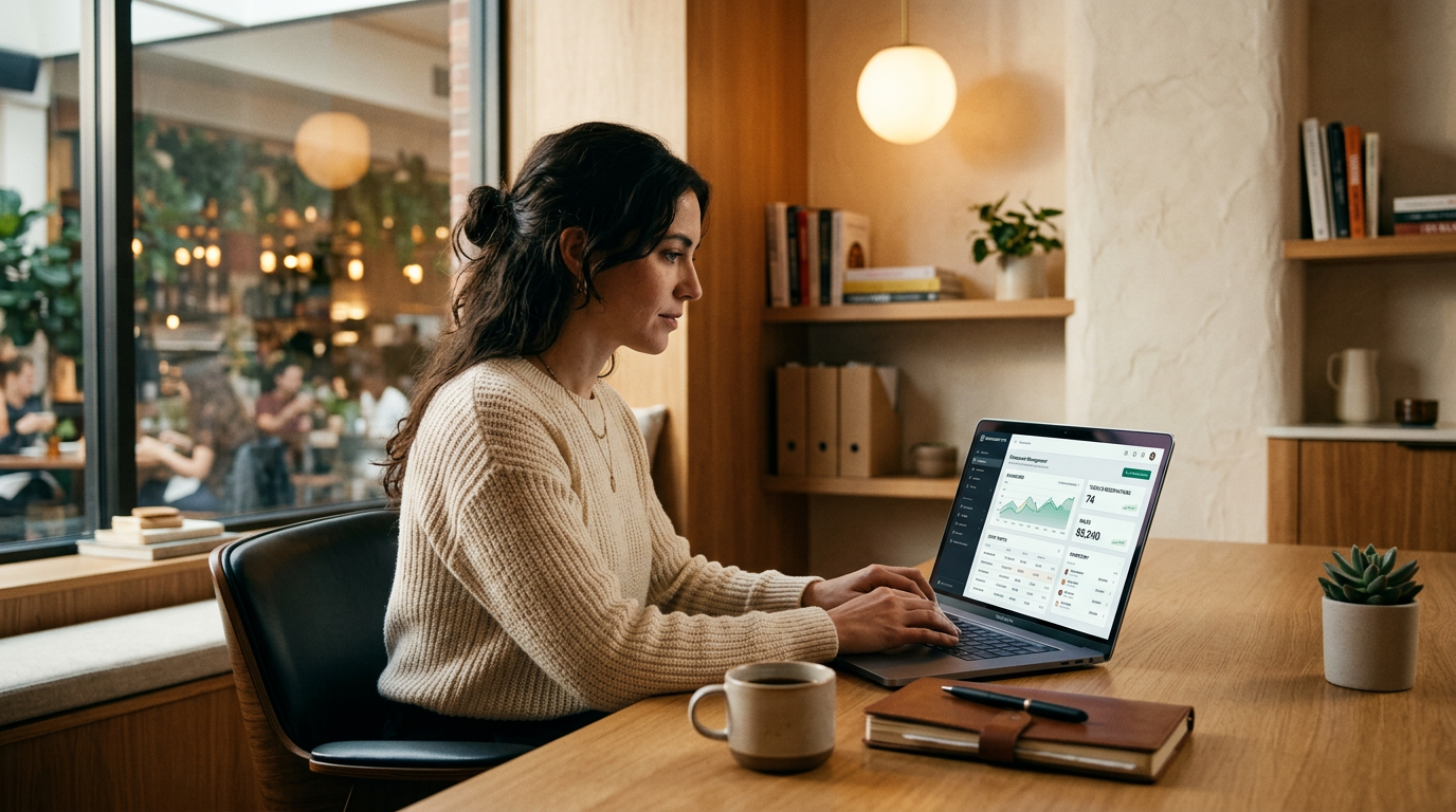 Restaurant manager using management software on laptop in modern restaurant office