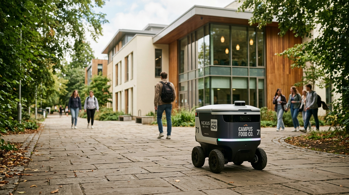 Delivery robot on university campus pathway