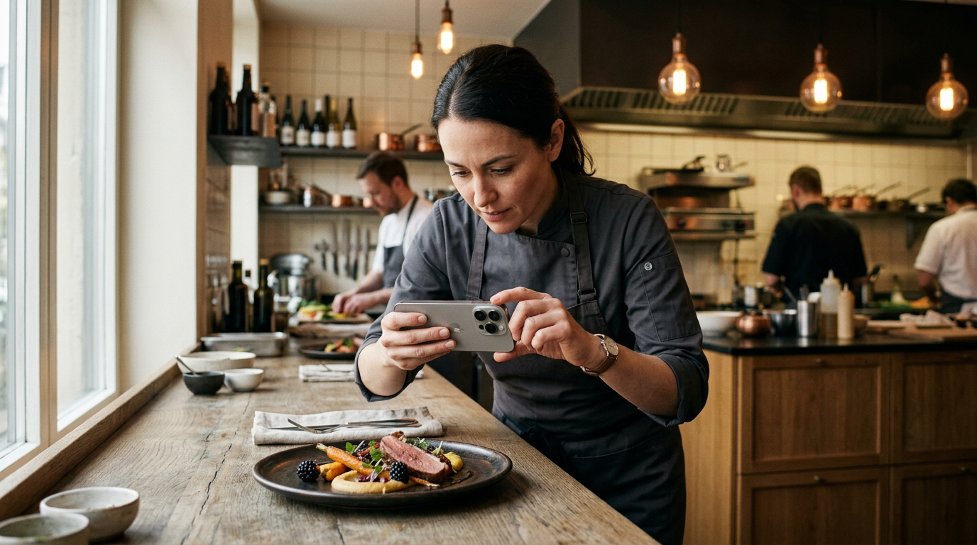 Chef photographing dish for social media