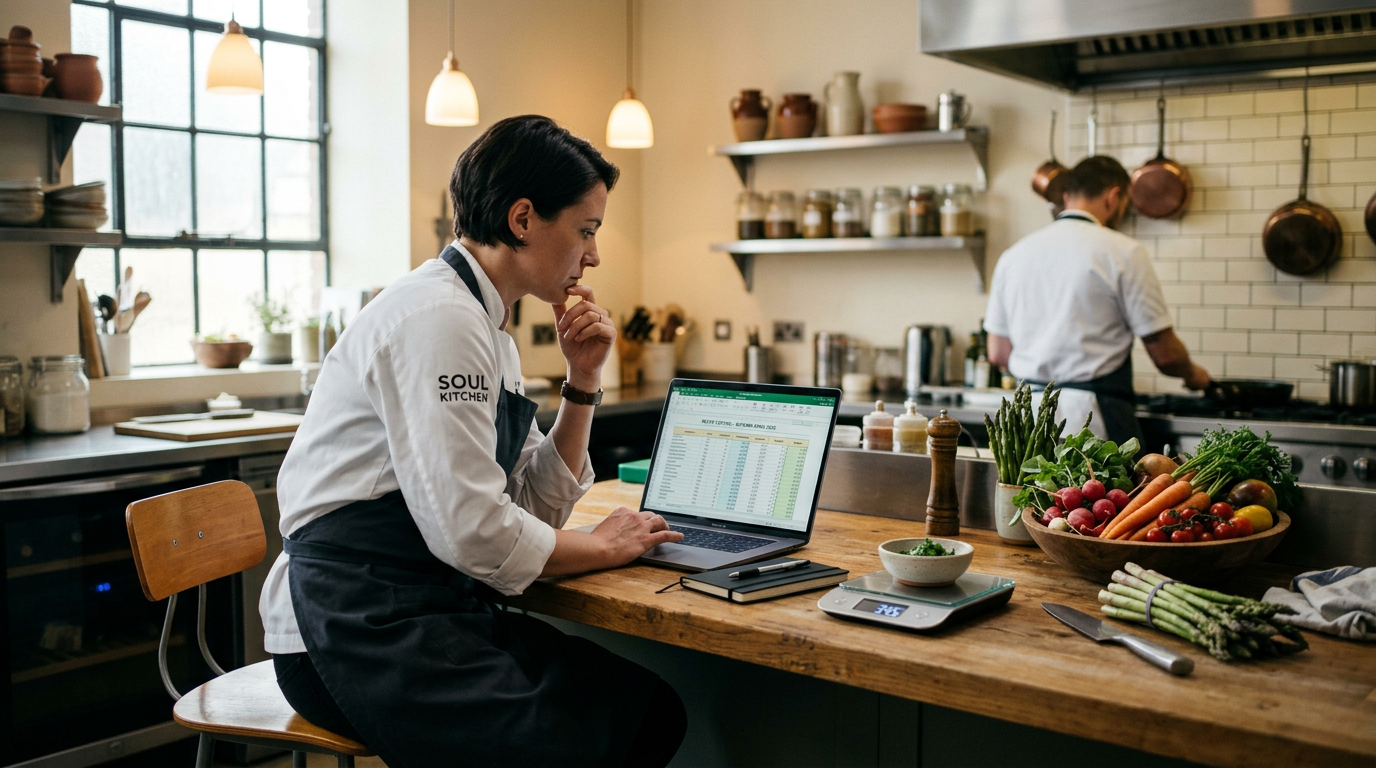 Professional chef using recipe costing software to calculate dish costs in commercial kitchen