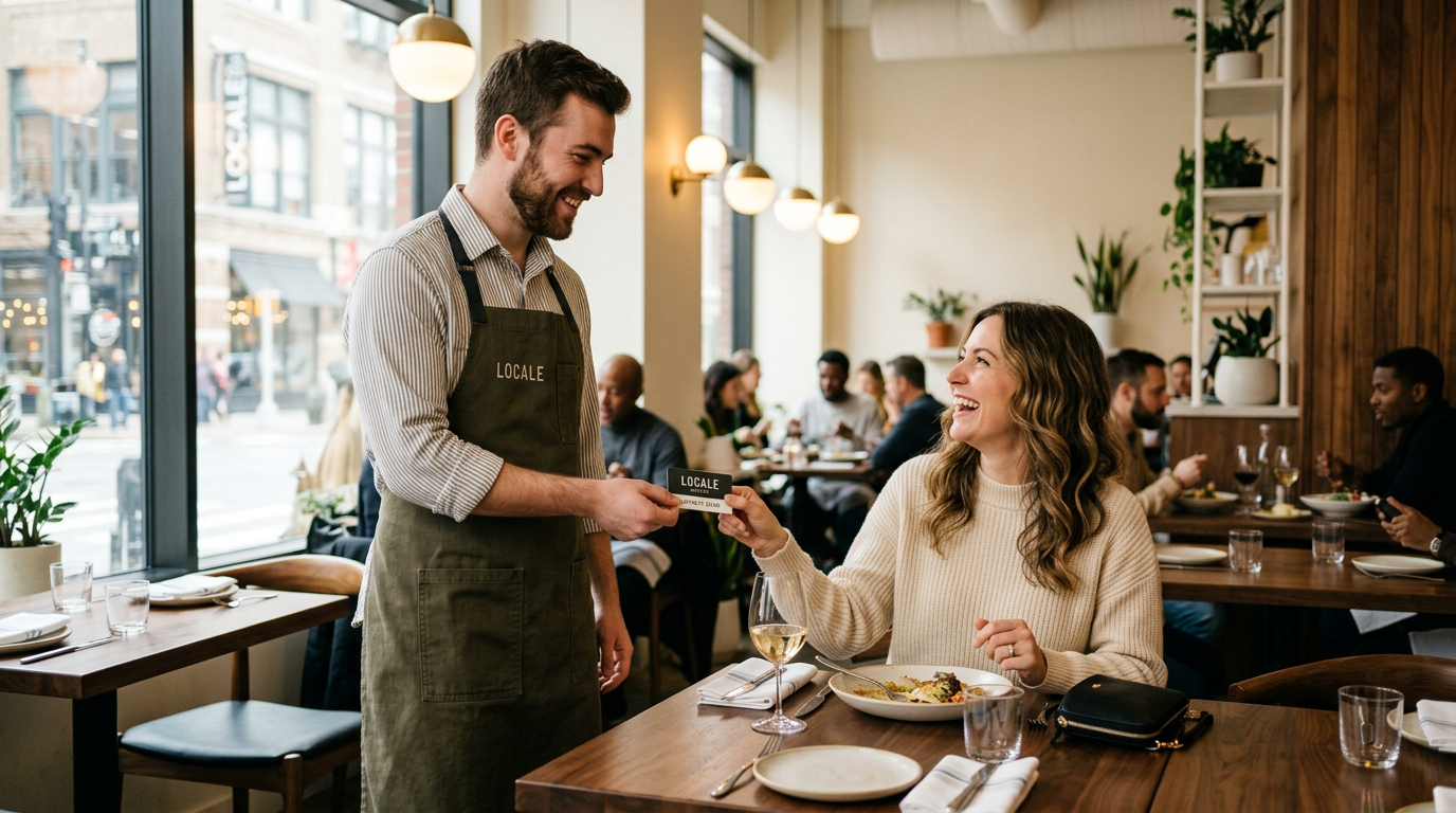 Happy restaurant guest receiving loyalty card from smiling server in modern restaurant