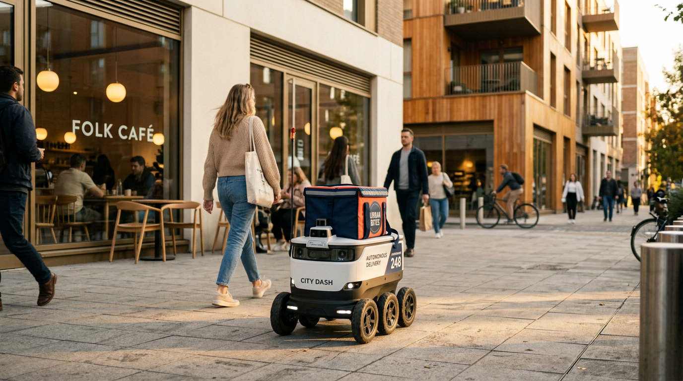 Autonomous food delivery robot on sidewalk in modern city neighborhood