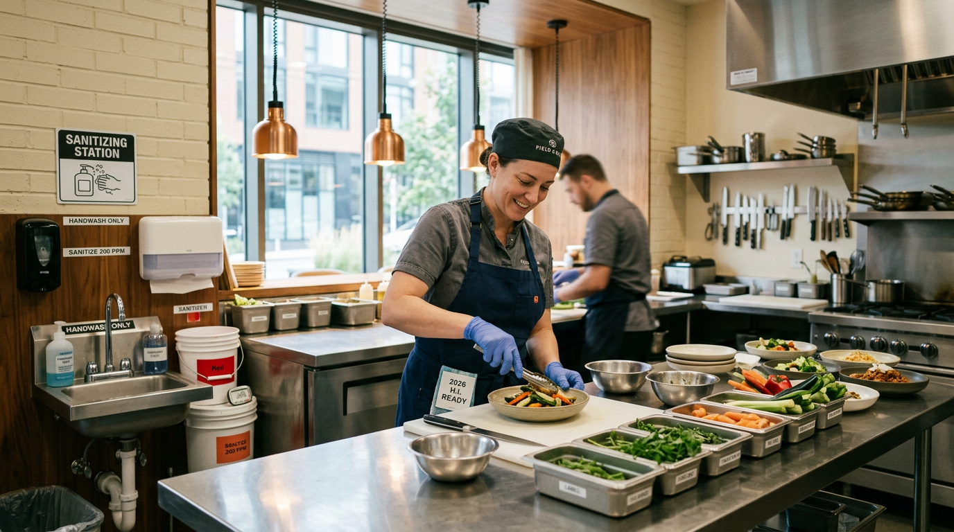 Commercial kitchen with food safety stations and chef properly handling food