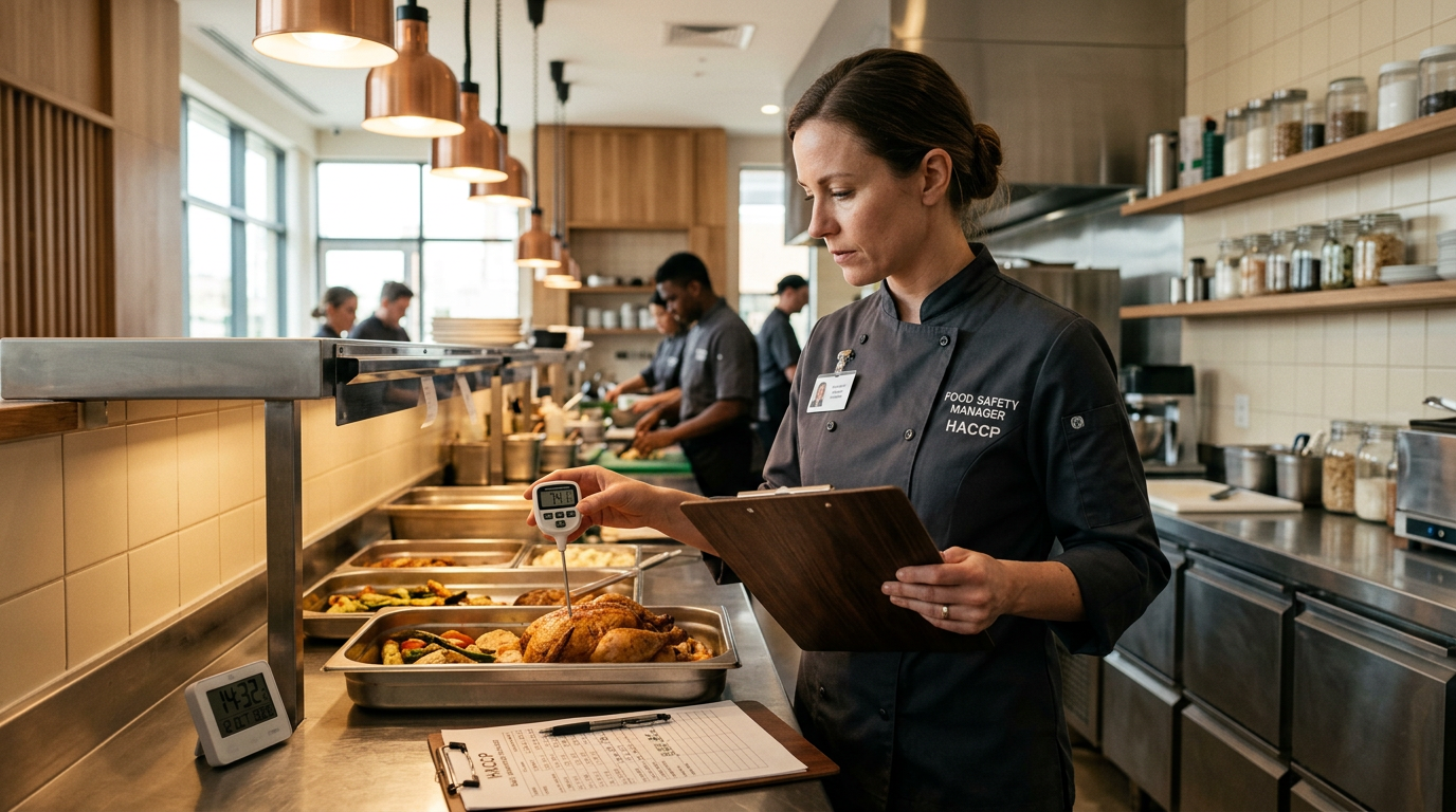 Food safety manager checking temperature with HACCP checklist in commercial kitchen
