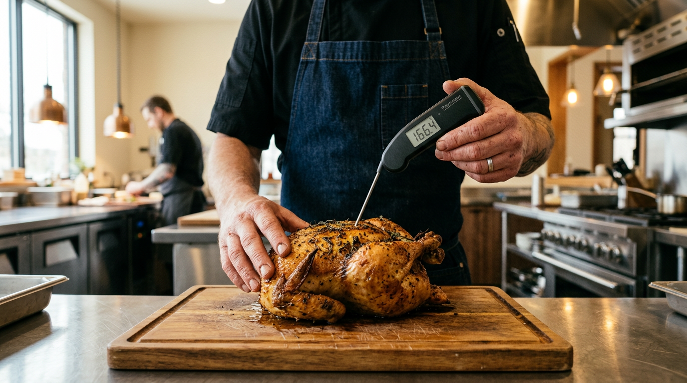 Chef checking food temperature for HACCP