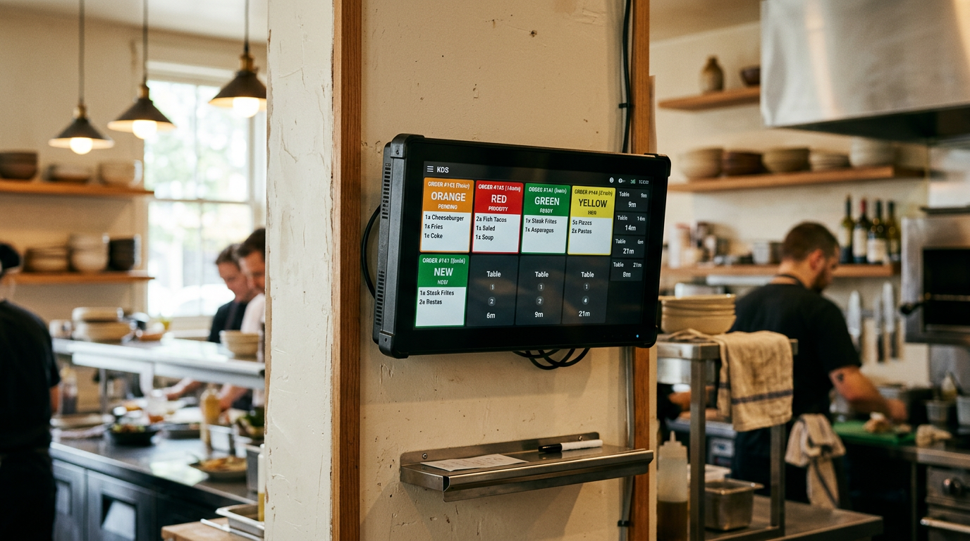 KDS screen showing color-coded orders