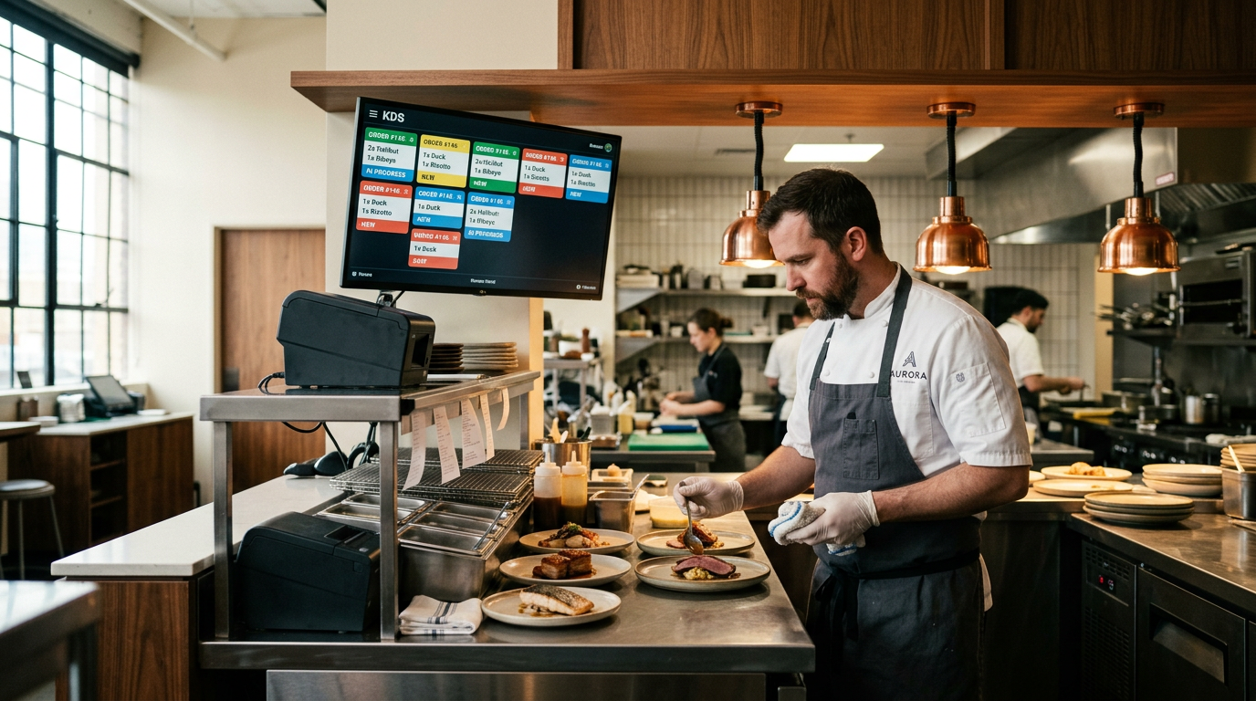 Kitchen display system at expediting station in commercial restaurant kitchen