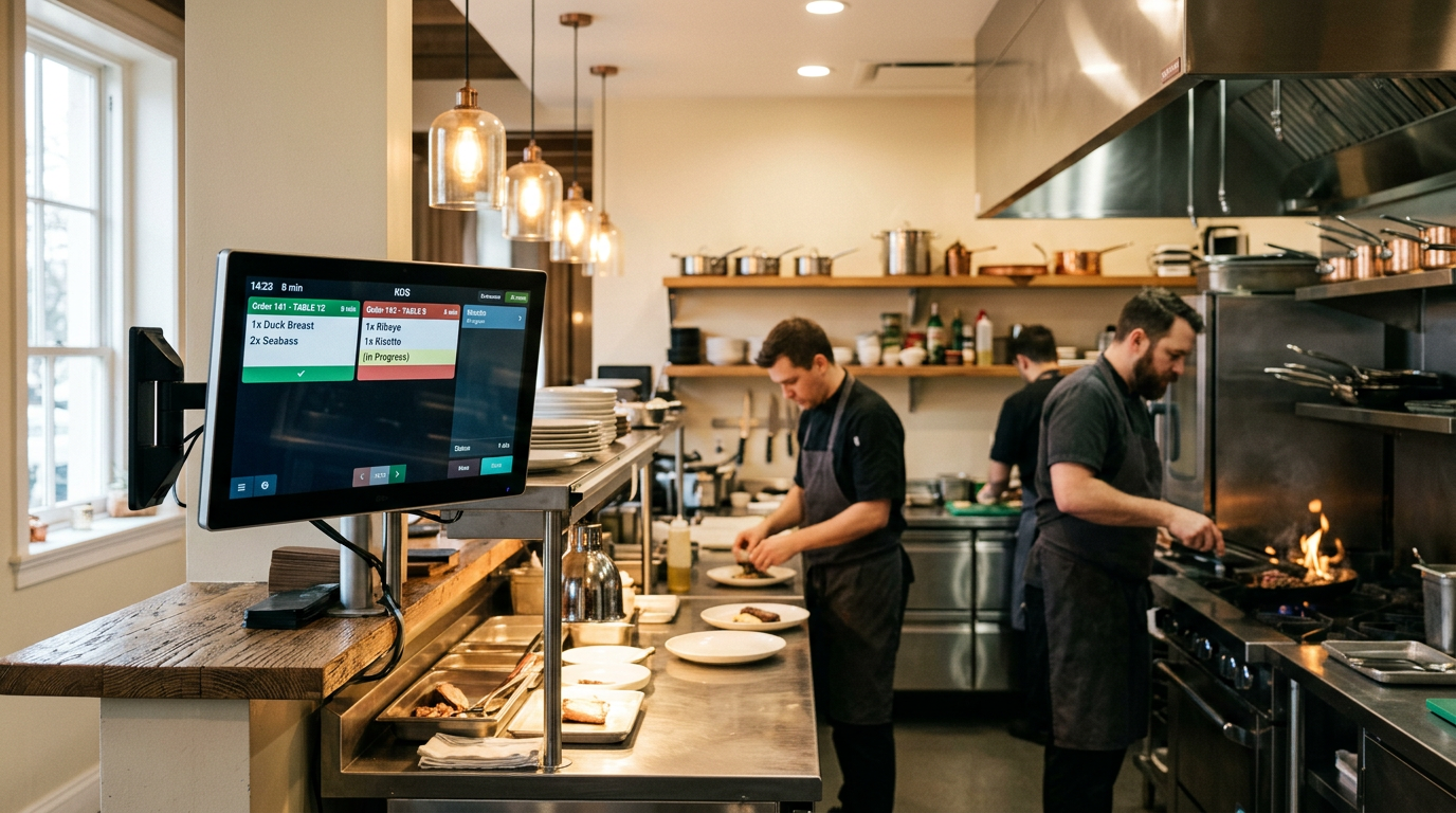 Kitchen display system showing active orders in a commercial restaurant kitchen