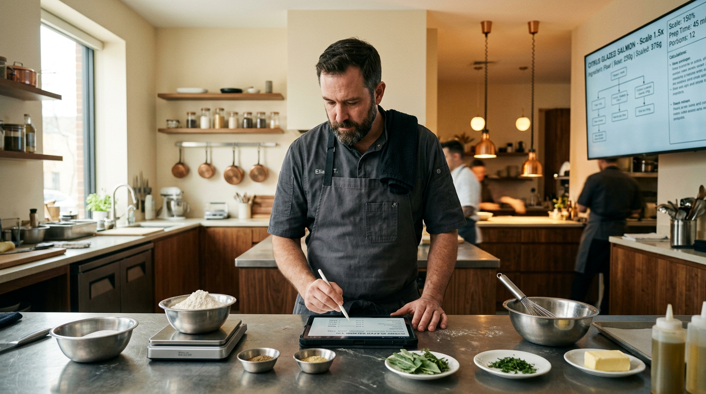 Professional chef using AI tablet to scale recipes in a modern commercial kitchen