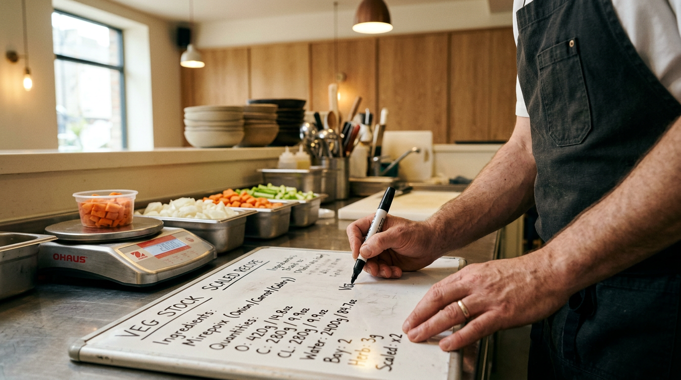 Chef writing scaled recipe quantities on a prep whiteboard with measured ingredients