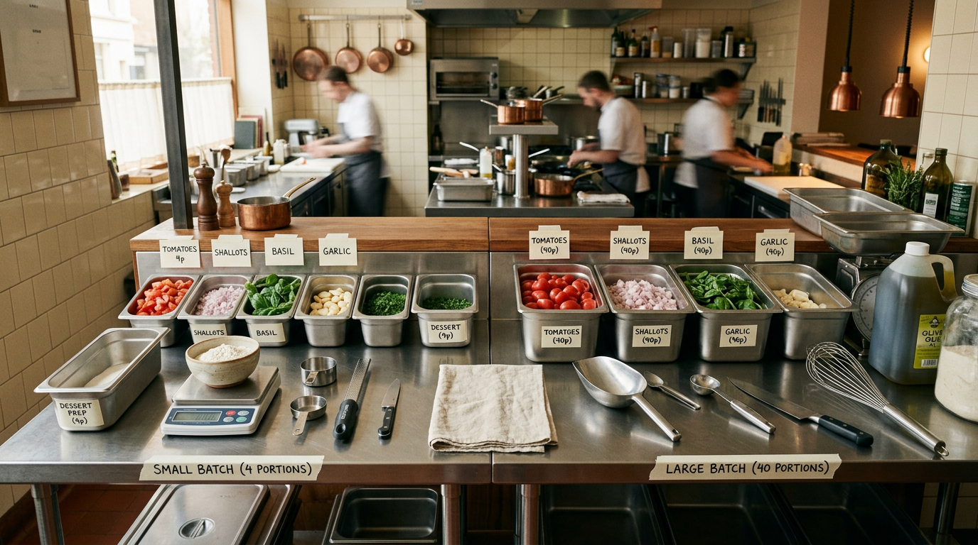 Overhead view of recipe ingredients scaled from 4 to 40 portions on a prep station