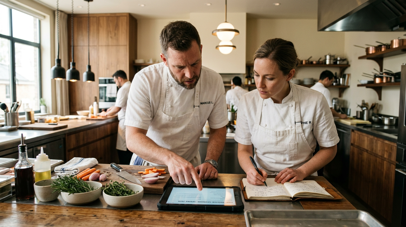 Two professional chefs collaborating with AI tools on a tablet in a modern kitchen
