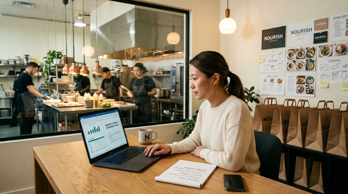 Entrepreneur reviewing virtual kitchen business plan with commercial kitchen visible behind