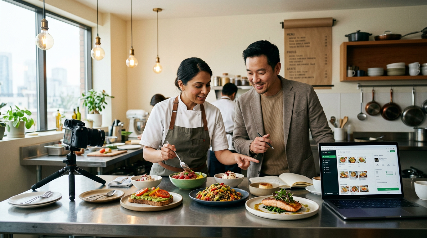 Chef and partner developing delivery menu items with food photography setup