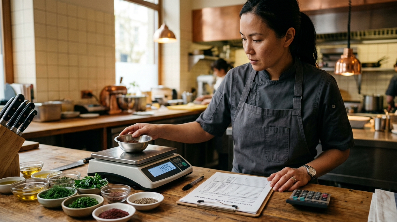 Chef weighing ingredients on digital scale with food cost calculations clipboard