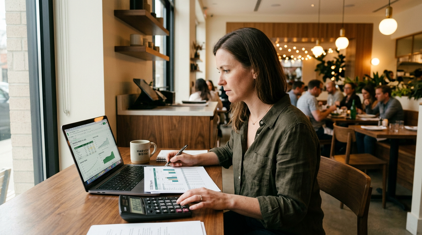 Restaurant owner reviewing financial reports and profit margin charts on laptop