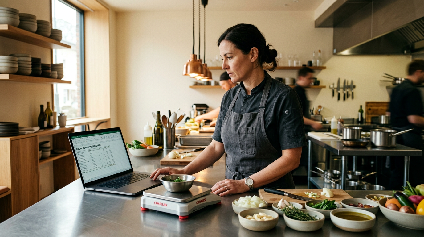 Chef at workstation with laptop showing recipe costing spreadsheet and fresh ingredients