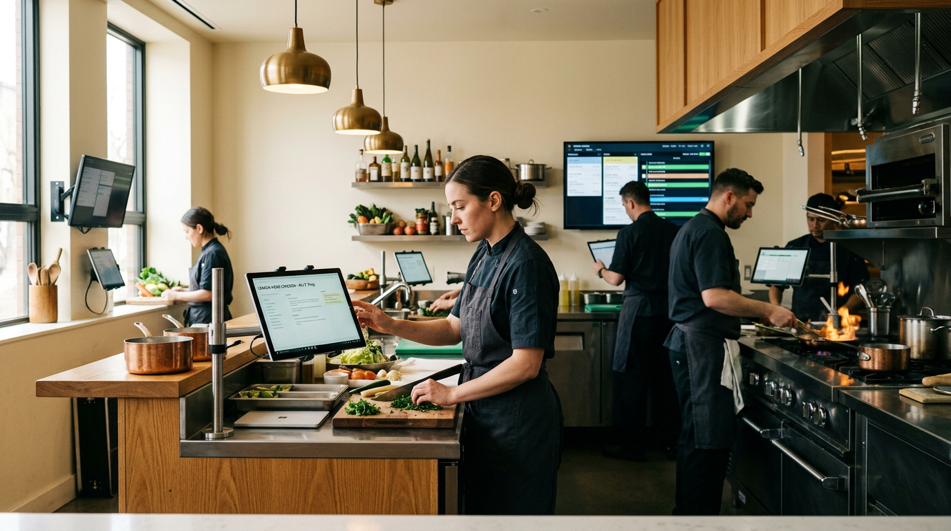 Modern commercial kitchen with digital screens and tablets at multiple stations